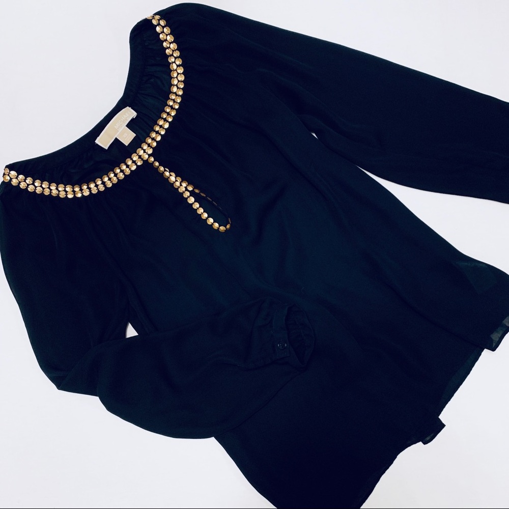 Michael Kors Shear Black Blouse w/Gold Accents
